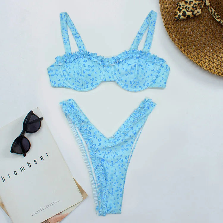 Floral Ruffle Bikini Set - Underwire Top
