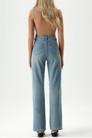 Ribbed Henley Top & High-Waisted Straight Jeans