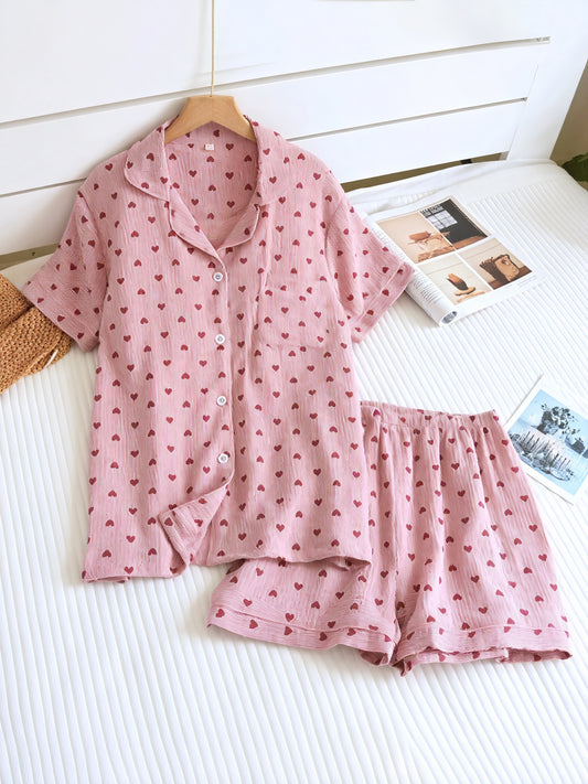 Heart Pattern Sleepwear Set - Relaxed Fit