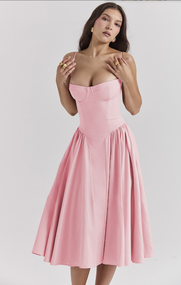 Women's Midi Dress – Pleated Skirt, Structured Bodice, Pockets-83506-59c52140-98fd-4ce8-970e-c6134fe21077