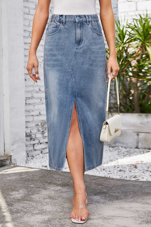 Denim Midi Skirt - Front Slit, High-Waisted