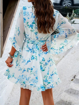 Floral Wrap Mini Dress - Ruffle Hem and Bell Sleeves