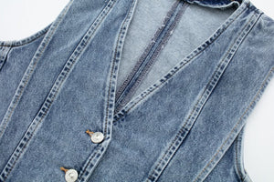 Structured Denim Vest with V-Neck Detail