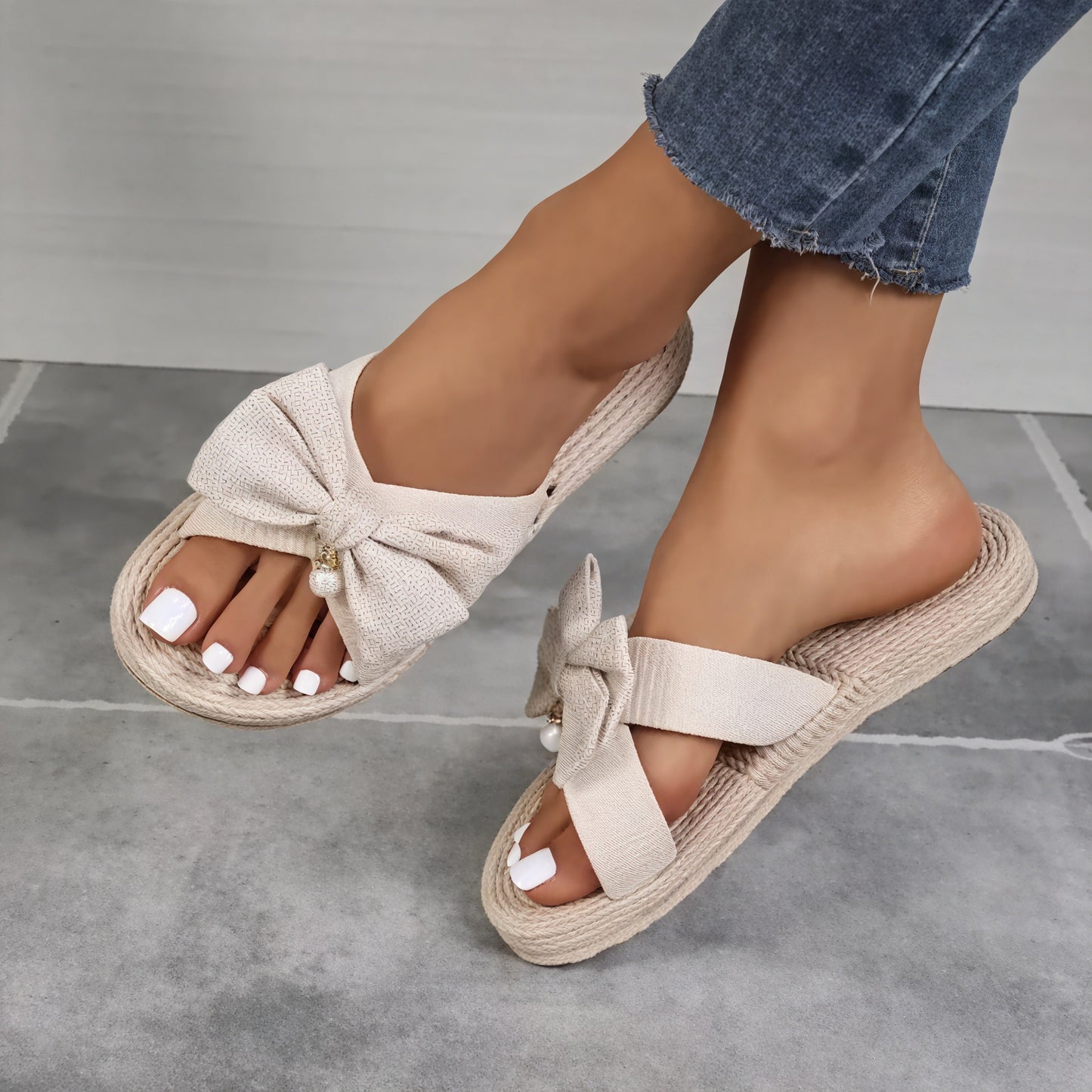 Women's Slide Sandals with Decorative Bow and Rope Sole-60191-a1c51e79-ba60-47b0-bc30-7fef88c54286