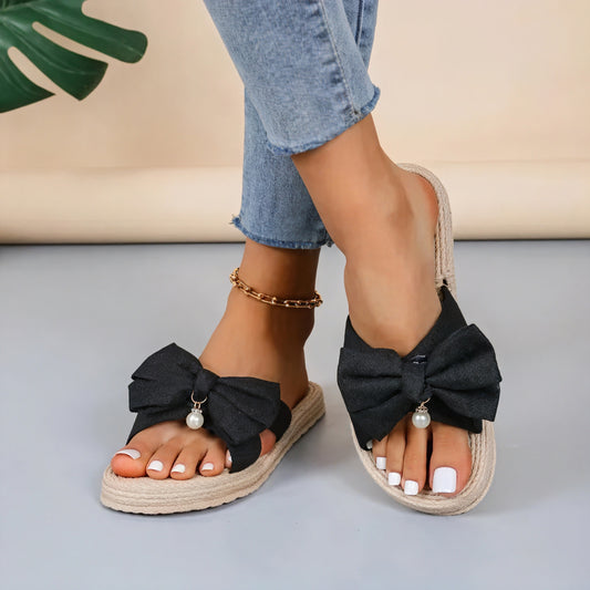 Women's Slide Sandals with Decorative Bow and Rope Sole-60191-370f2cae-2171-4241-ac35-0100cf2d0c08