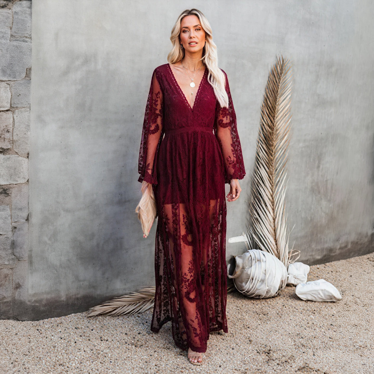 Bohemian Lace Maxi Dress - V-Neck & Sheer Skirt