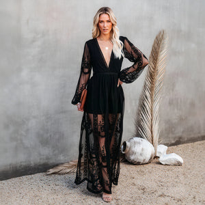 Bohemian Lace Maxi Dress - V-Neck & Sheer Skirt