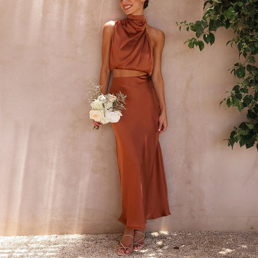 Halter Top Maxi Dress Set - Satin Finish