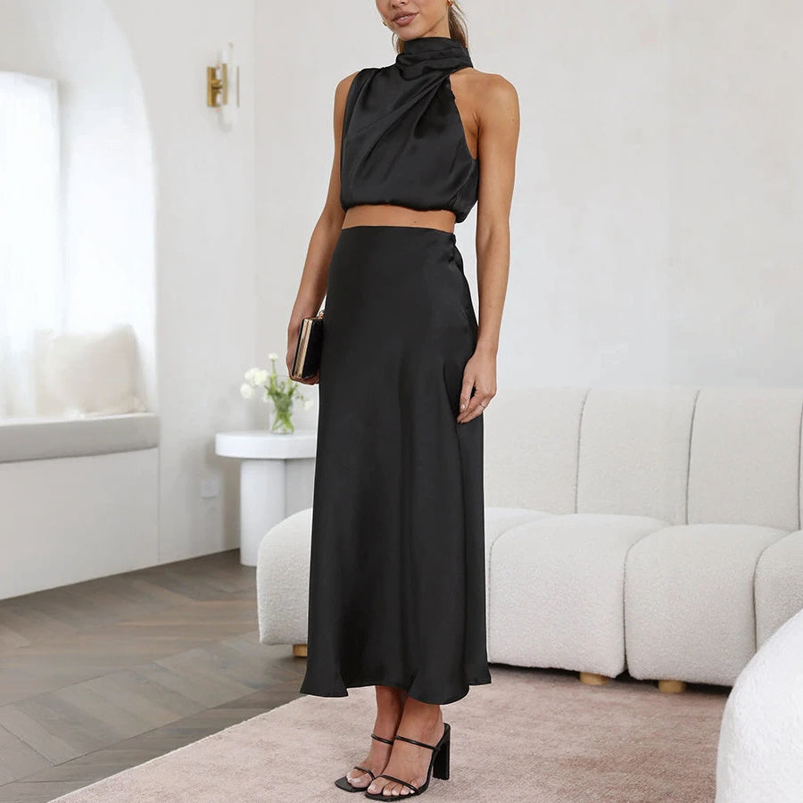 Halter Top Maxi Dress Set - Satin Finish