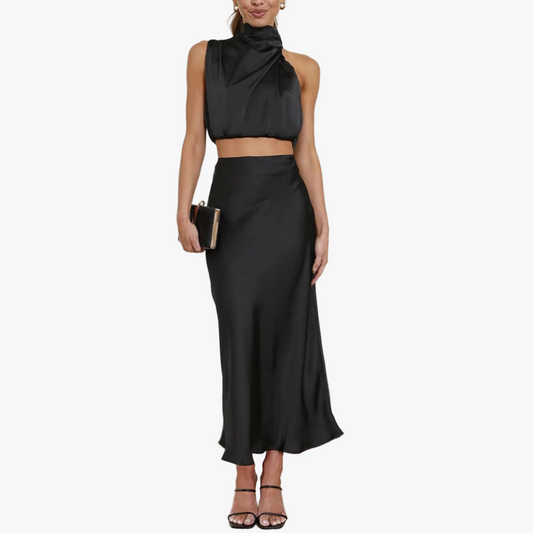 Halter Top Maxi Dress Set - Satin Finish