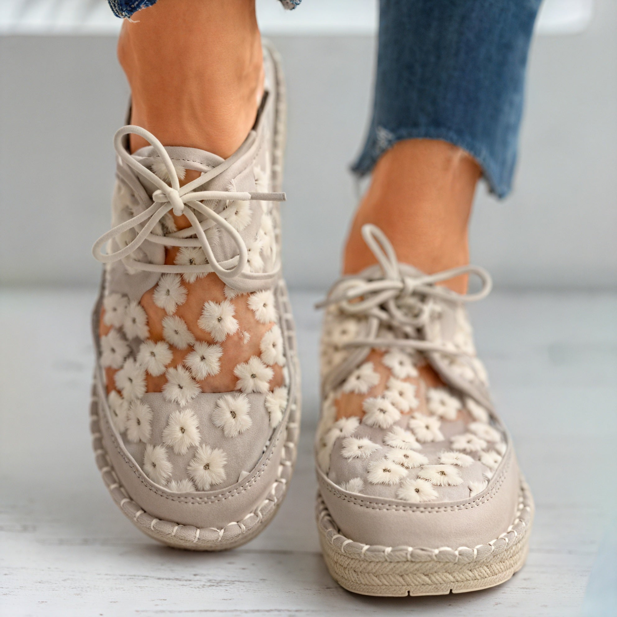 Floral Mesh Flat Shoes with Lace-Up Detail