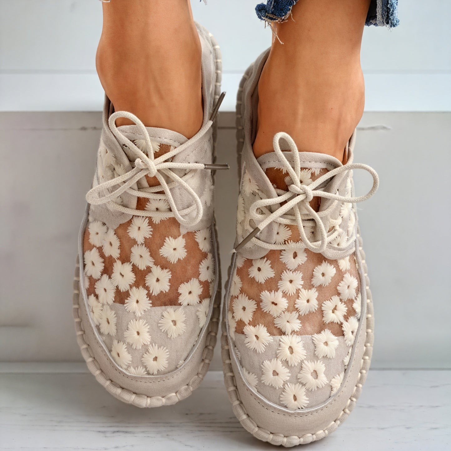 Floral Mesh Flat Shoes with Lace-Up Detail
