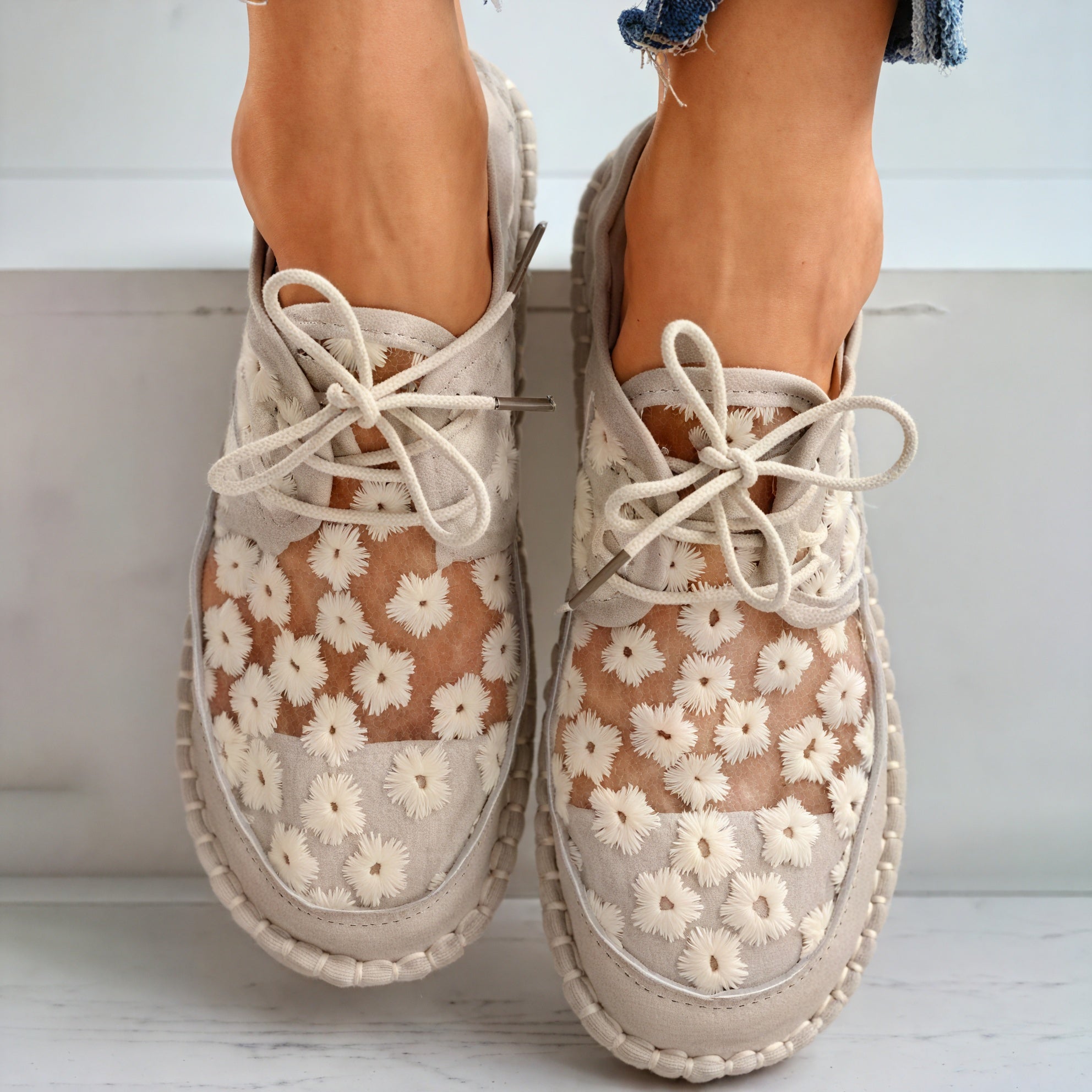 Floral Mesh Flat Shoes with Lace-Up Detail
