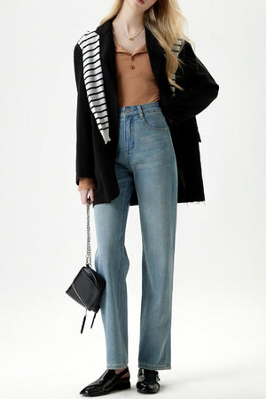 Ribbed Henley Top & High-Waisted Straight Jeans