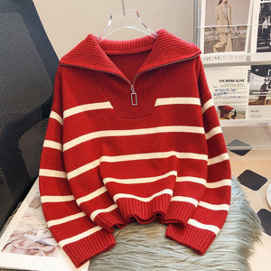 Striped Half-Zip Relaxed Fit Sweater