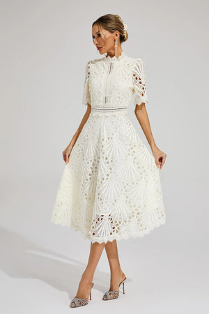 Women's Lace Midi Dress – High Neckline, Short Sleeve, Cut-Out Detail-83326-637027f3-48ea-452c-a63a-b17e8337e3f8