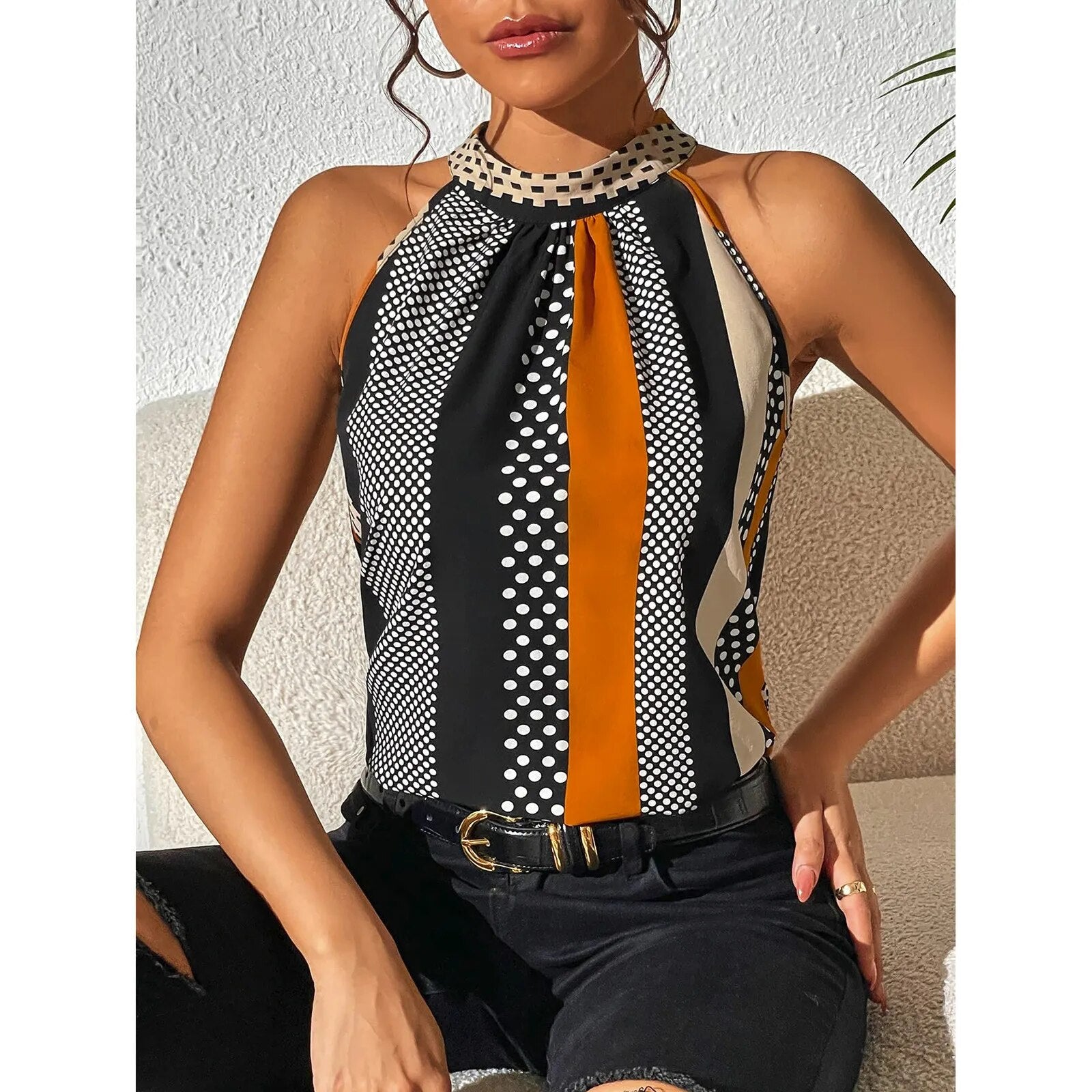 Geometric Halter Top with Vertical Stripes