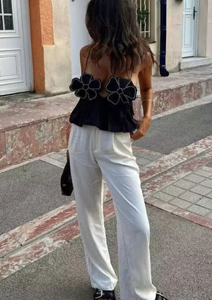 Floral Appliqué Halter Top with Peplum