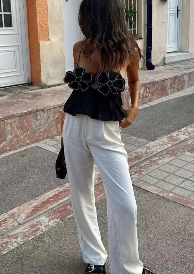 Floral Appliqué Halter Top with Peplum