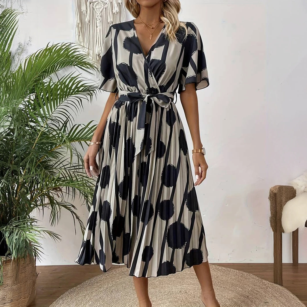 Polka Dot Button-Down Dress with Pleated Skirt