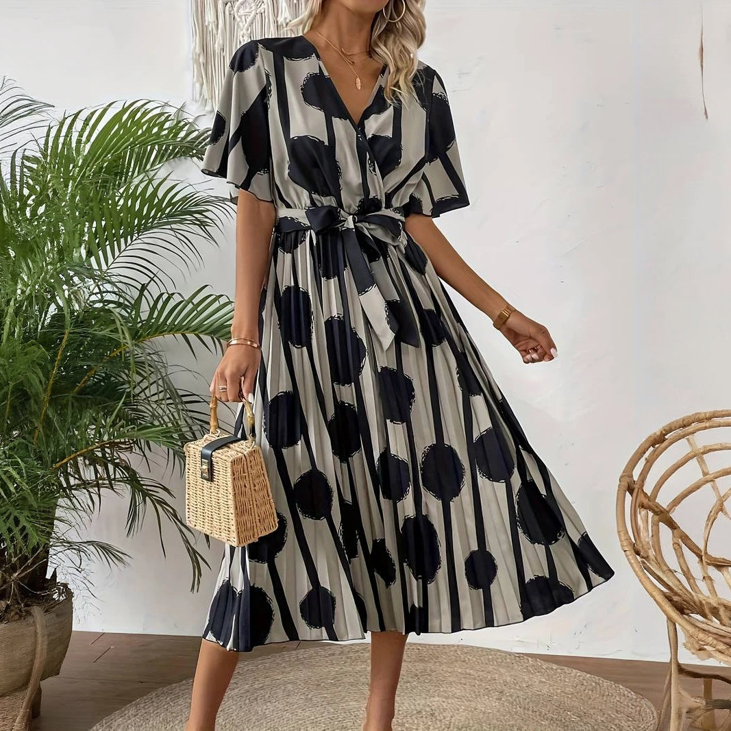 Polka Dot Button-Down Dress with Pleated Skirt