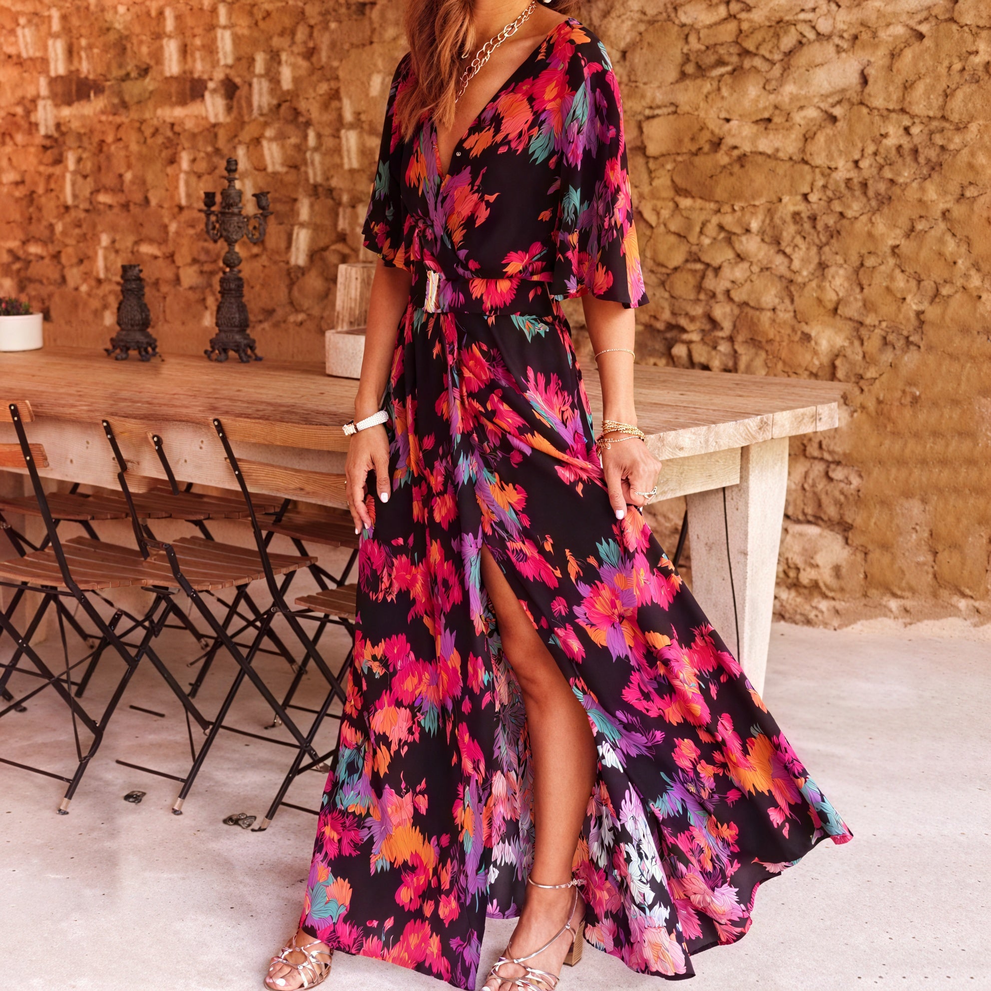 Bohemian Maxi Dress - High Slit, V-Neck