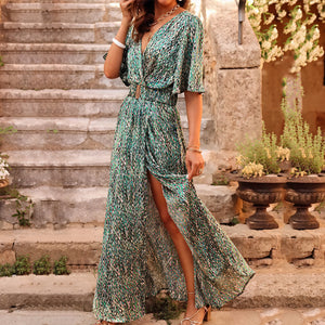 Bohemian Maxi Dress - High Slit, V-Neck