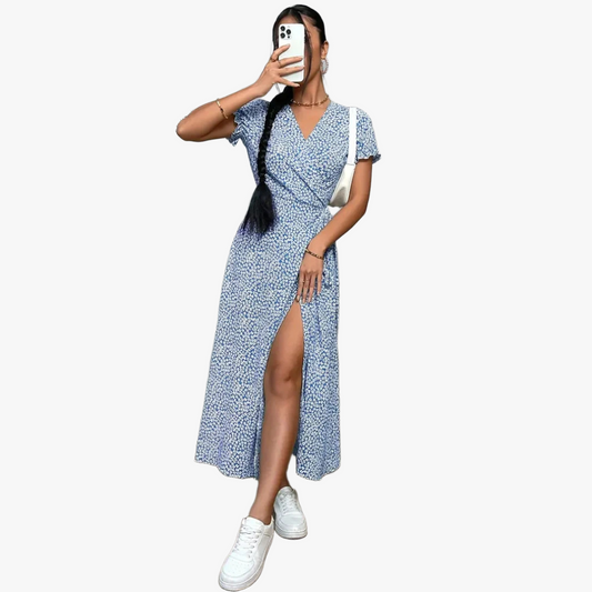 Floral Wrap Dress - V-Neck Maxi with Slit