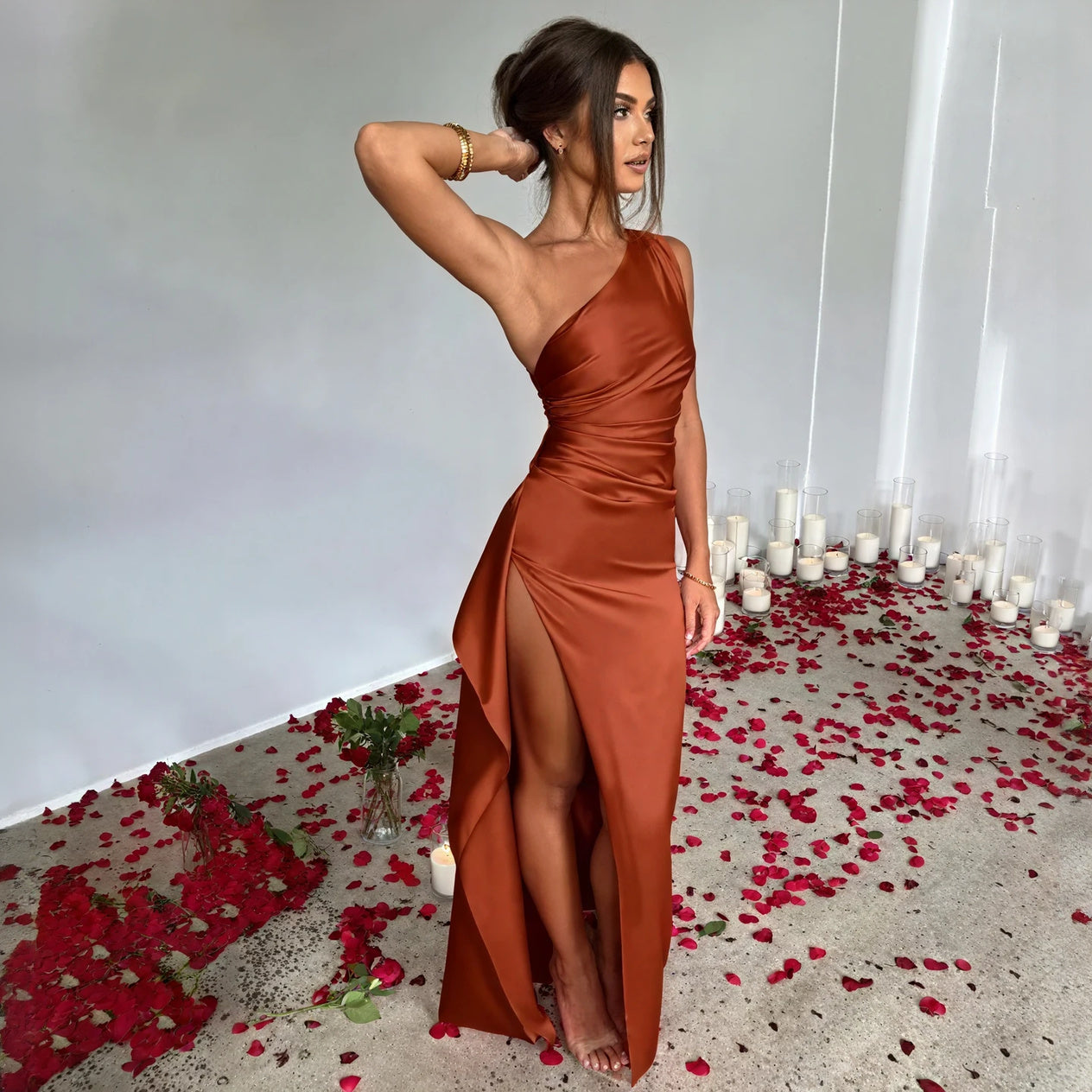 One-Shoulder Floor-Length Gown, Fitted Bodice