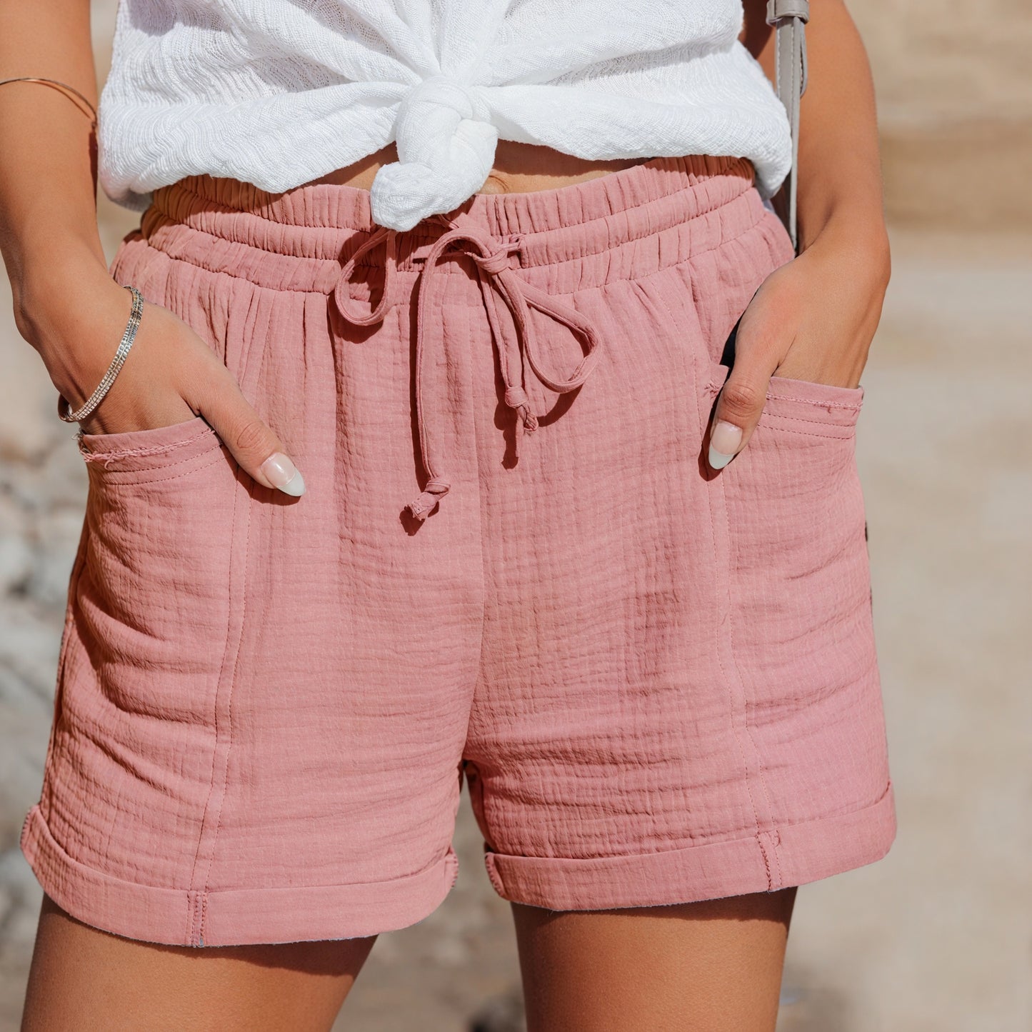 Women's Shorts – Lightweight Fabric, Drawstring Waist, Rolled Hem, Casual Style-65920-3e0616b2-f086-47db-97ae-657b30fad4ba