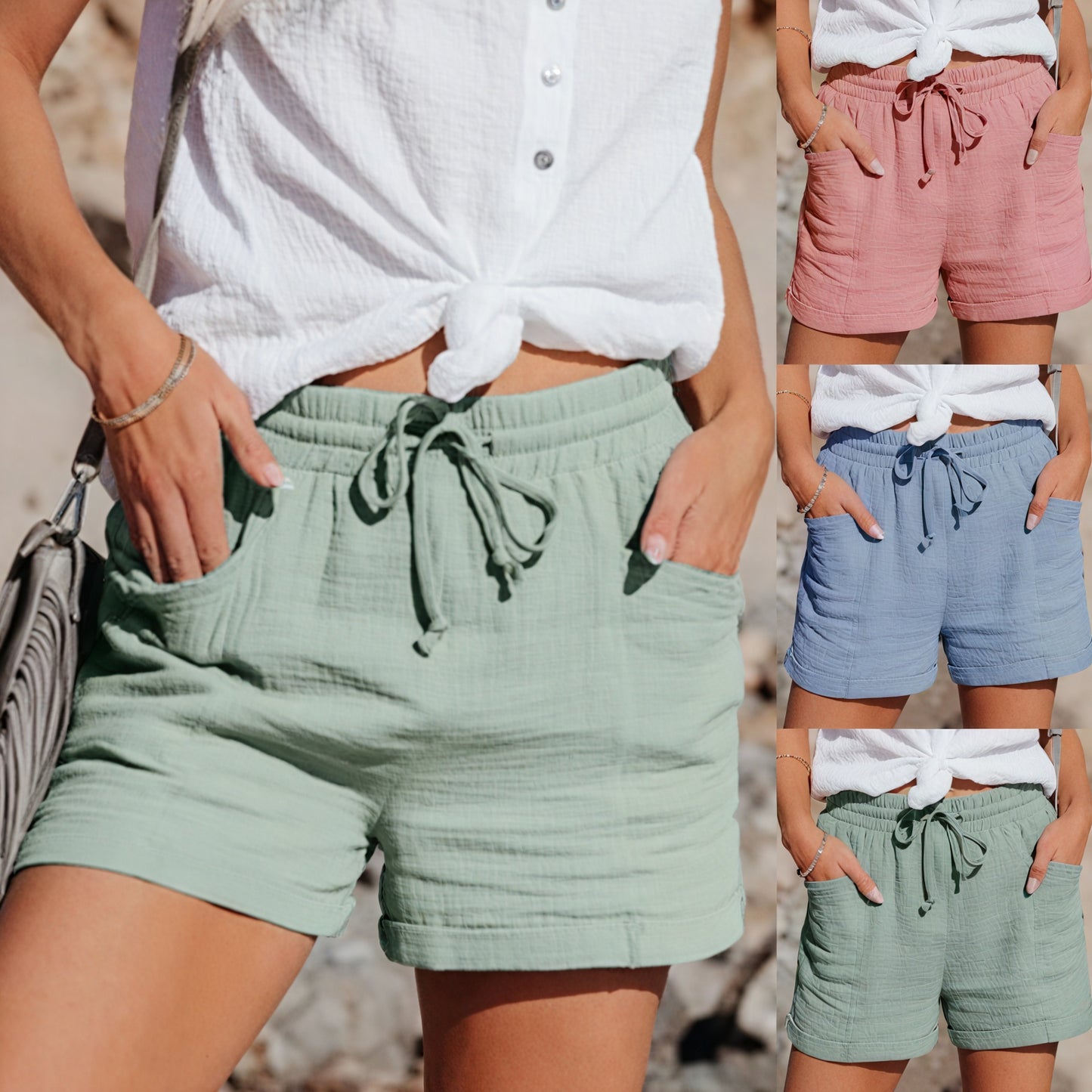 Women's Shorts – Lightweight Fabric, Drawstring Waist, Rolled Hem, Casual Style-65920-853cfbd7-5d30-4c2c-b415-b1e973dd1cb8