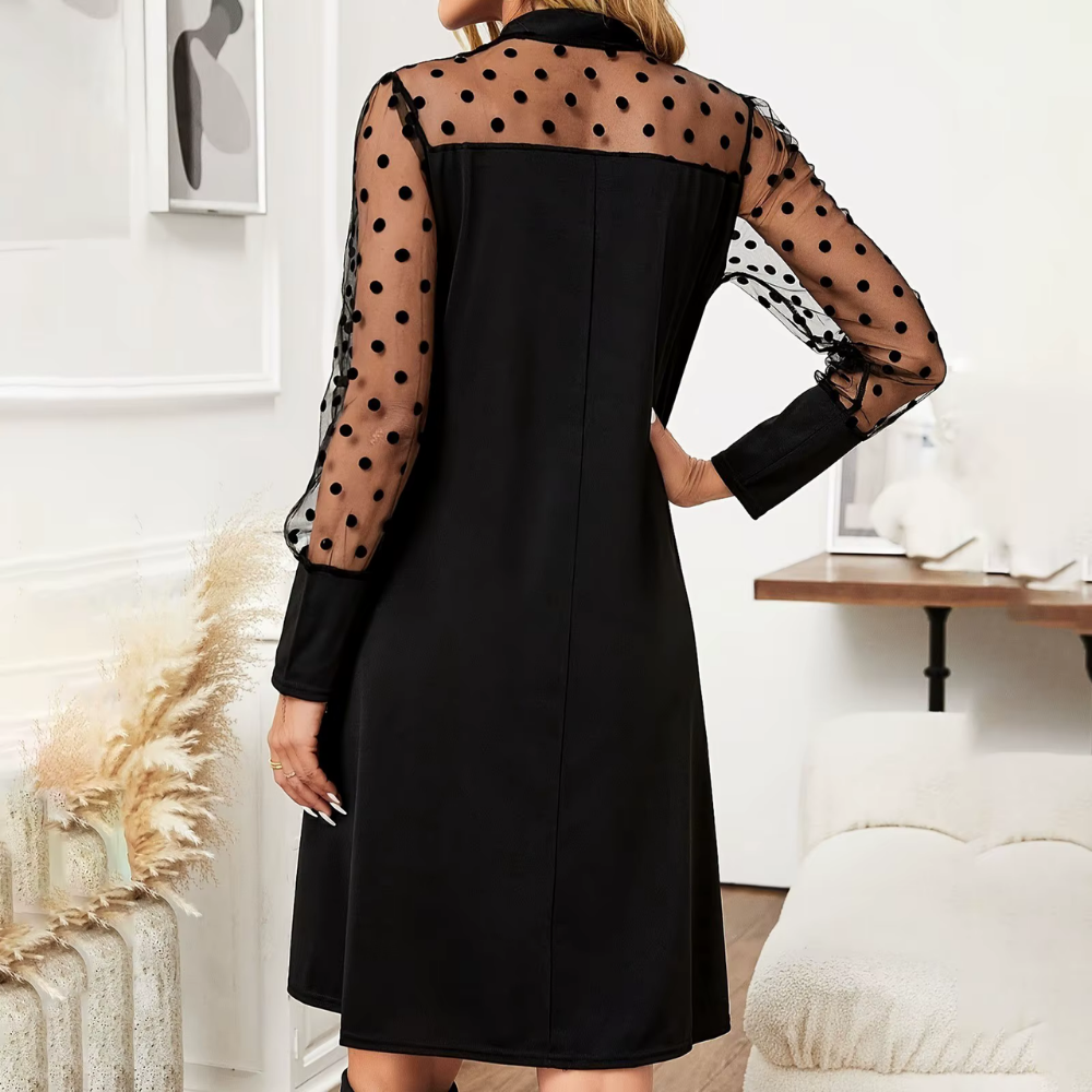 Polka Dot Cocktail Dress - Sheer Sleeve Bow Neck
