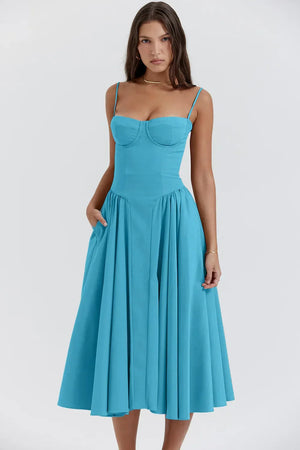 Women's Midi Dress – Pleated Skirt, Structured Bodice, Pockets-83506-6650dd20-76b6-4767-97f2-8c55dc404559