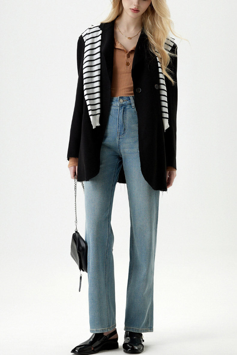 Ribbed Henley Top & High-Waisted Straight Jeans