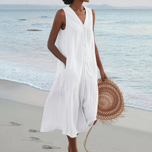 Women's Sleeveless Button-Down V-Neck Flowy Dress with Pockets, Casual Summer Style-67015-55f1ee0a-341d-4ebf-a99f-e41d428613ba