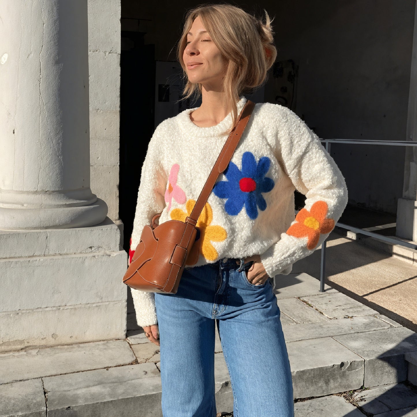 Floral Appliqué Oversized Cream Top