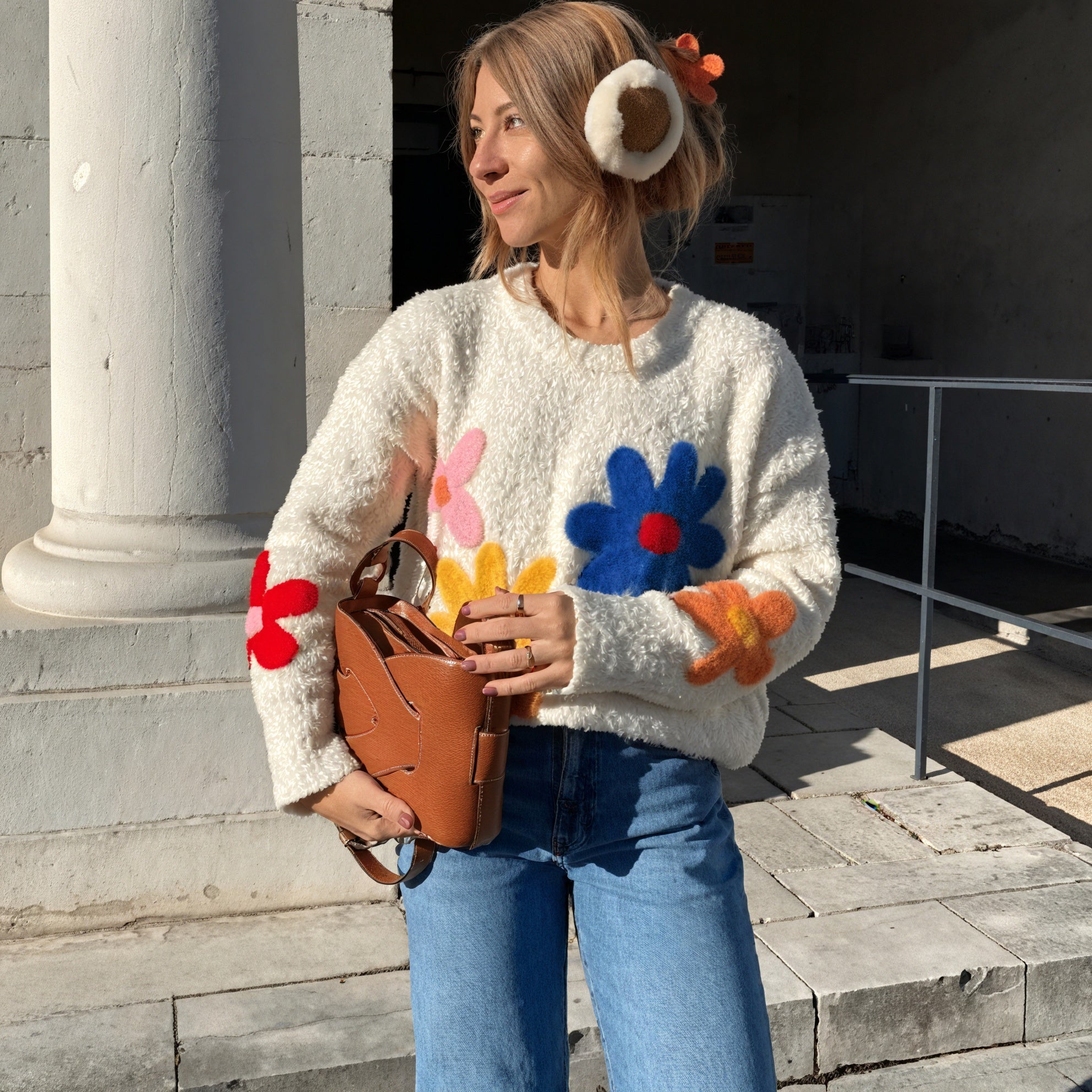 Floral Appliqué Oversized Cream Top