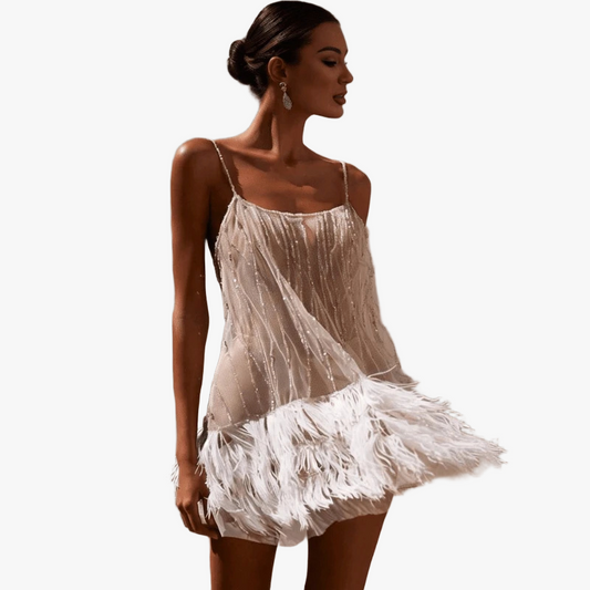 Feather Hem Cocktail Dress - Sheer Silk