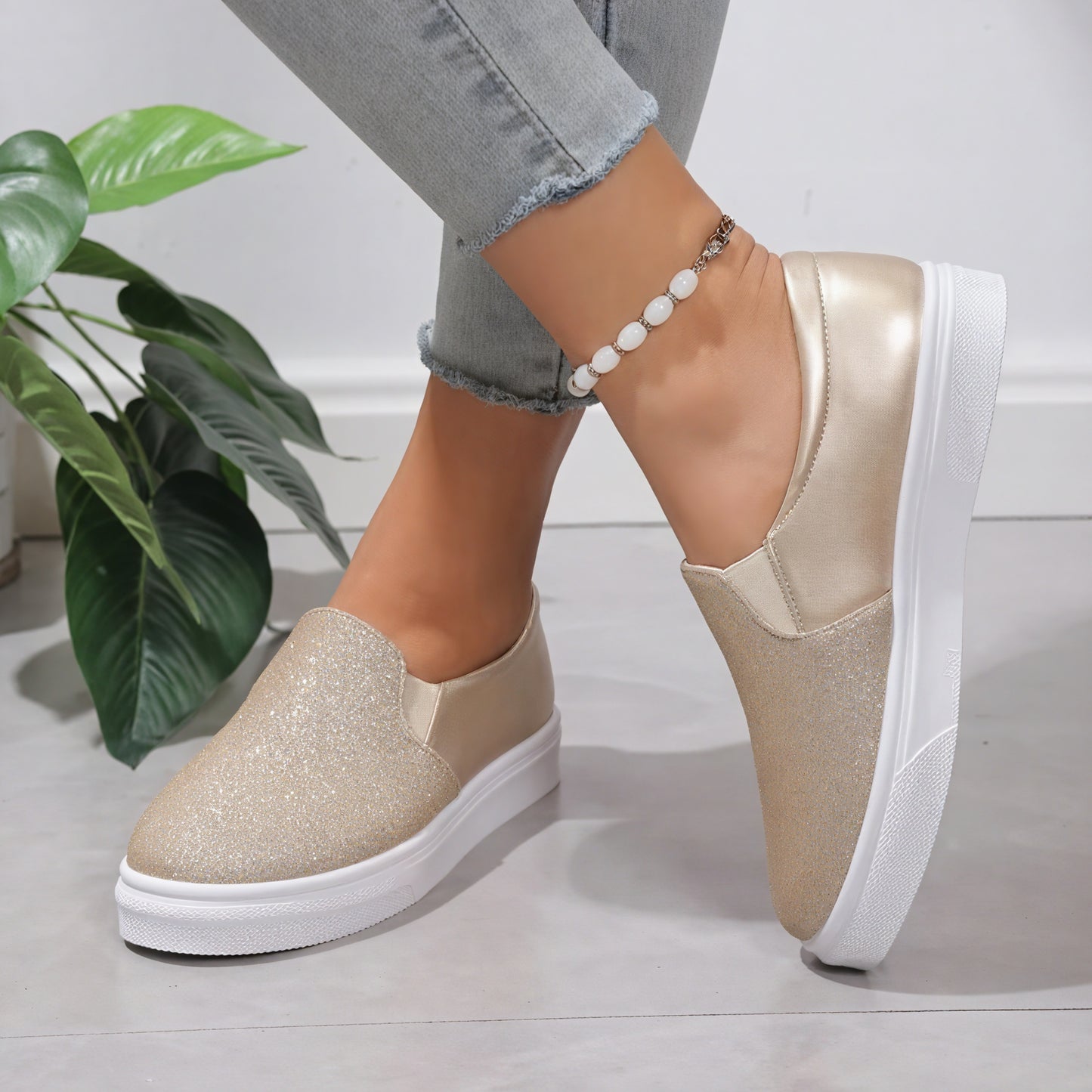Sparkling Slip-On Flats with Elastic Sides