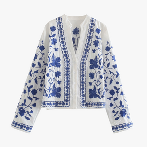 Bohemian Embroidered Cotton Button-Down Jacket