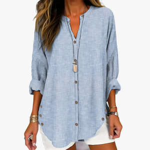 Casual Striped Button-Down Blouse - 3/4 Sleeve