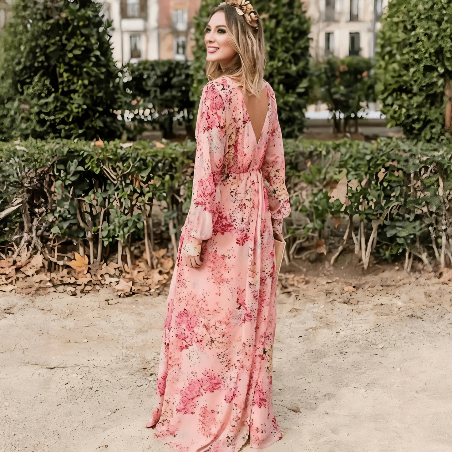 Floral Maxi Dress - V-Neck, Cinched Waist