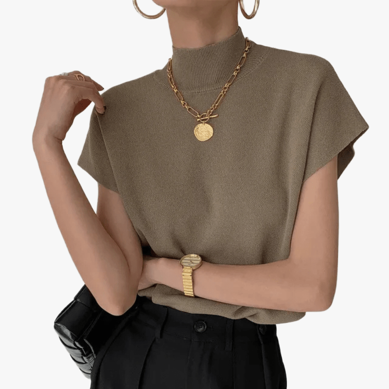 Knit Mock Neck Top – Relaxed Fit, Short Sleeve