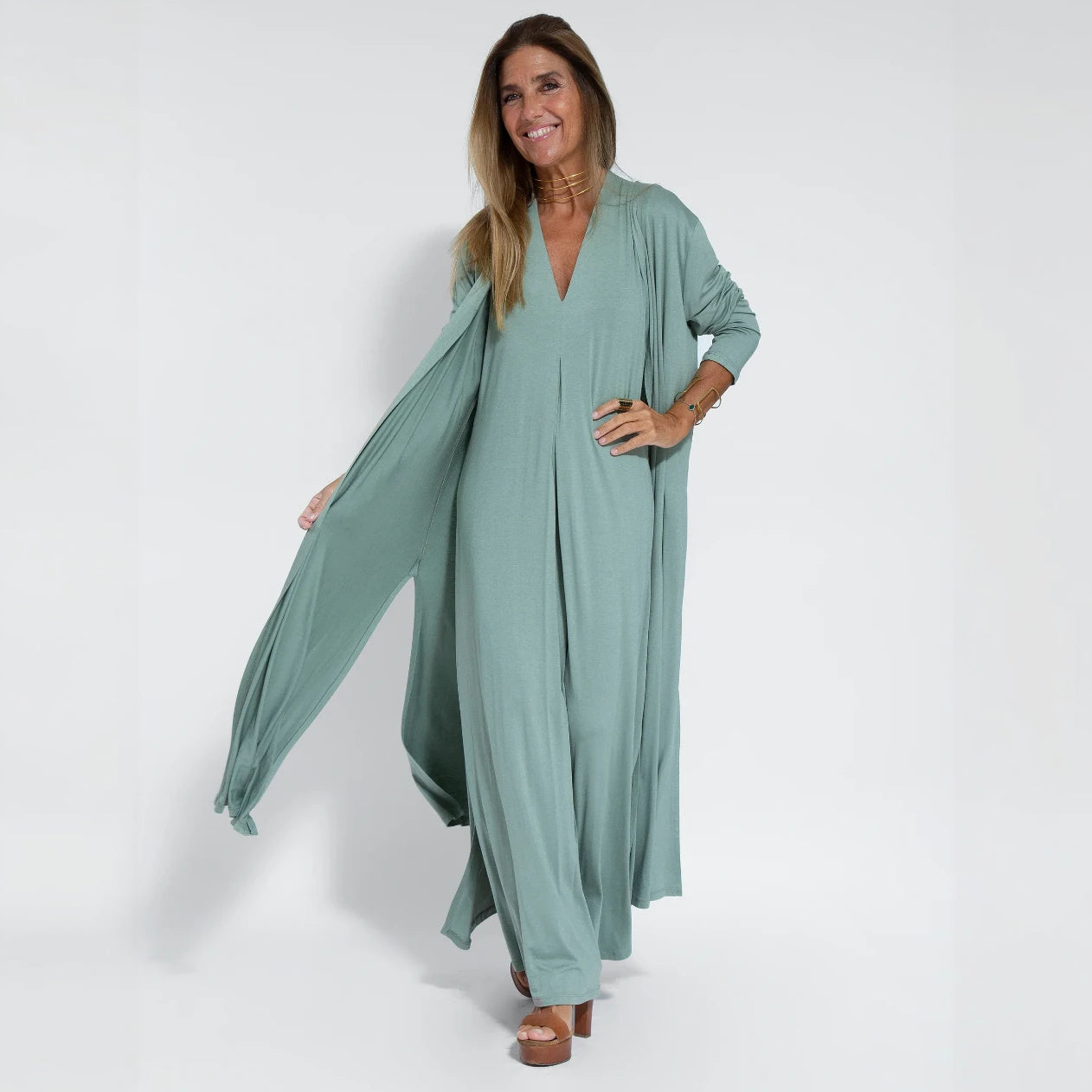 V-Neck Maxi Dress - Flowing Silhouette, Side Slits