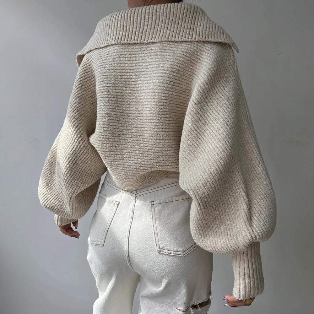 Knit Sweater - Oversized Ribbed V-Neck Top