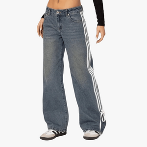 Wide-Leg Jeans – High Waist, Cable Knit Stripe