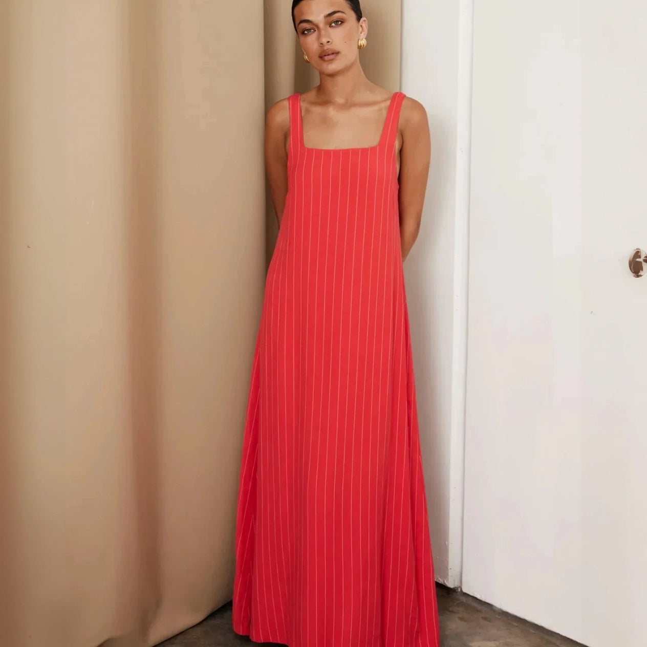 Square Neck Maxi Dress - Striped Cotton Linen