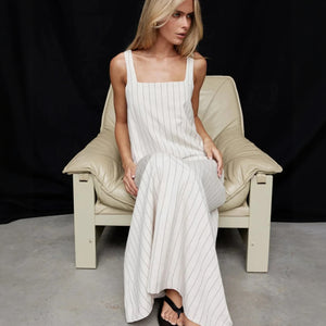 Square Neck Maxi Dress - Striped Cotton Linen