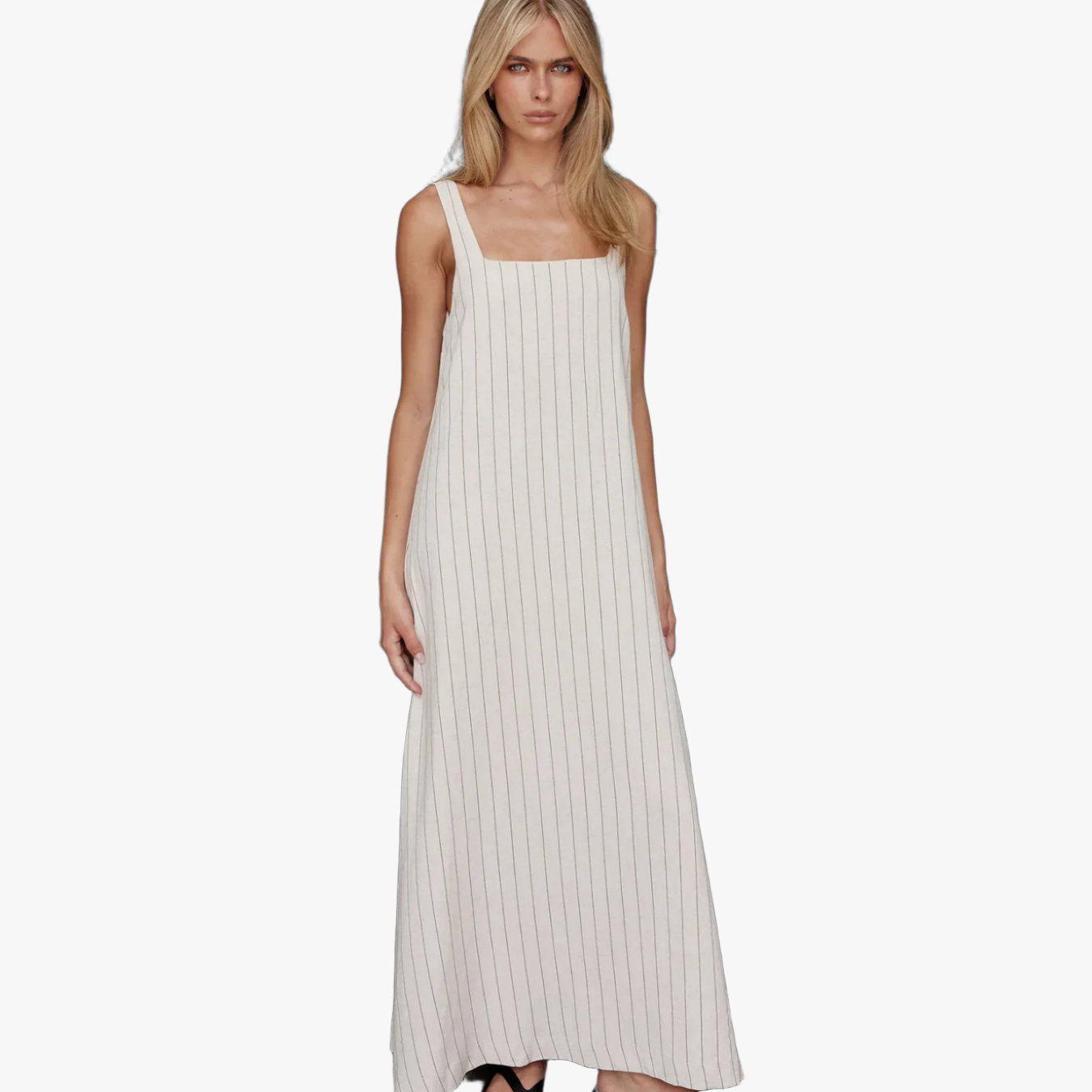 Square Neck Maxi Dress - Striped Cotton Linen