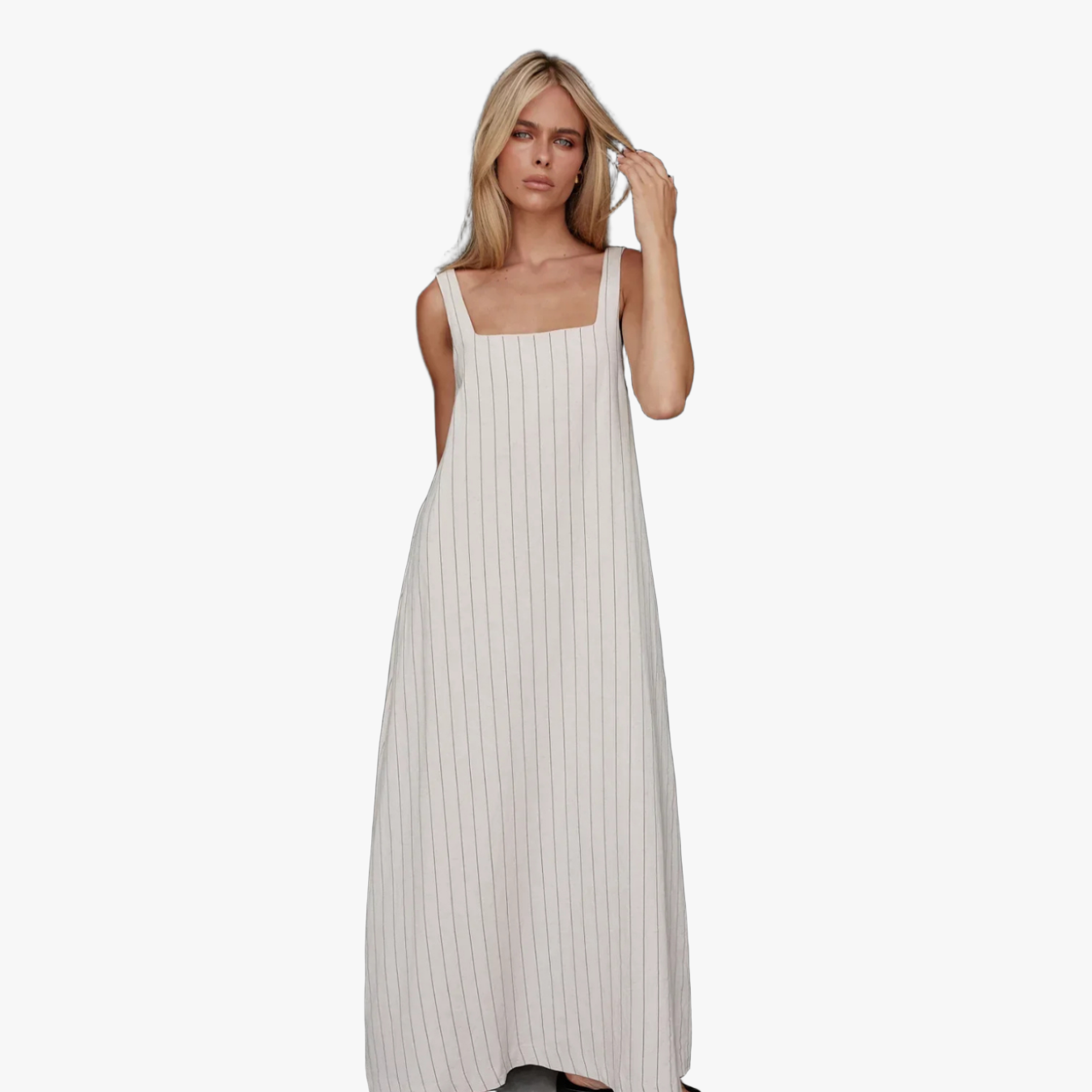 Square Neck Maxi Dress - Striped Cotton Linen